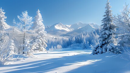 Snow-covered pine forest with mountain backdrop
