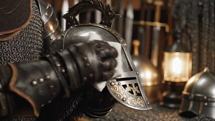 In a beautifully lit workshop, a craftsman lovingly wipes down a silver helmet. The intricate details shine as the expert hand brings history back to life with care and dedication.