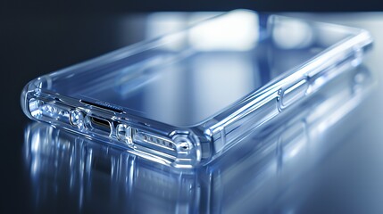 Futuristic transparent smartphone on reflective surface