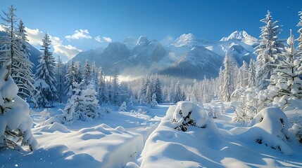 Snow-covered pine forest with mountain backdrop