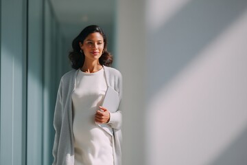 Confident pregnant professional woman in a light dress and cardigan walking through a modern office corridor, showcasing elegance and empowerment in a professional environment
