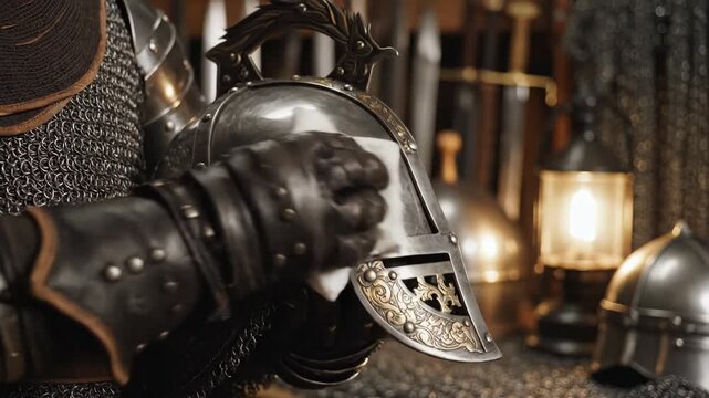 In a beautifully lit workshop, a craftsman lovingly wipes down a silver helmet. The intricate details shine as the expert hand brings history back to life with care and dedication.