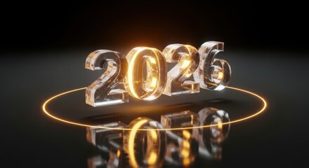 Transparent 3d numbers 2026 with glowing orange circle on black background