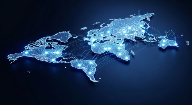 Global digital network world map: interconnected data communication