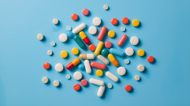 Colorful medicine pills and capsules on blue background | Pharmaceutical drug concept | Healthcare and pharmacy image