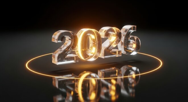 Transparent 3d numbers 2026 with glowing orange circle on black background