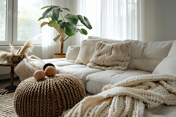 Cozy living room with Scandinavian decor and warm lighting