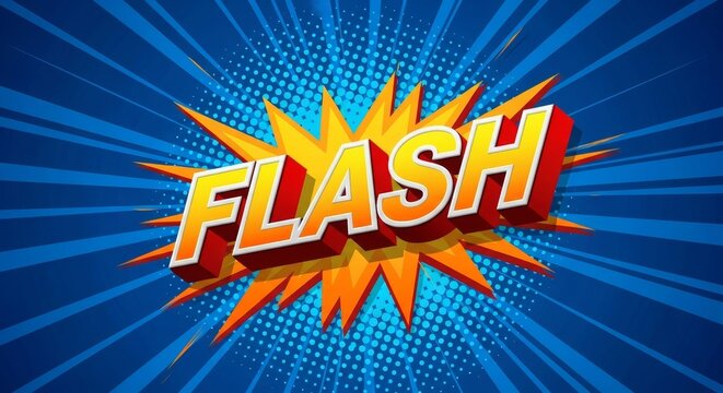 Dynamic flash comic book pop art text effect on starburst background