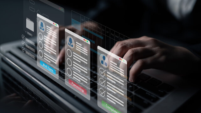 Digital interface displaying project tasks under Work Items, Processing, and Completed categories with Gantt chart timeline visualization Parse