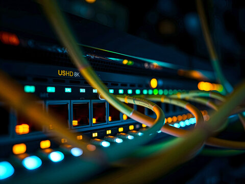 Close up of network server rack with cables and blinking lights in data center
