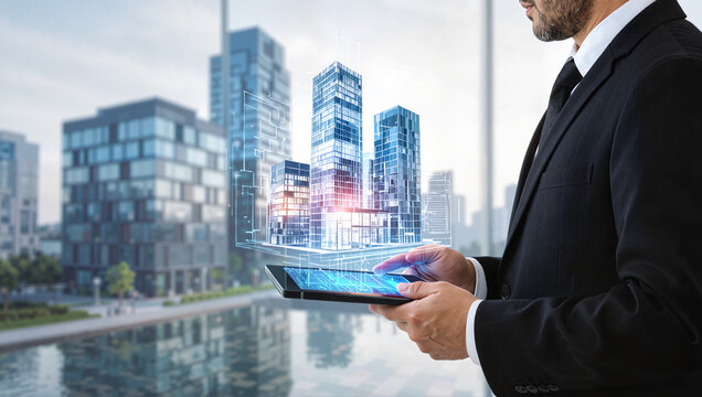 Businessman using digital tablet with smart city hologram