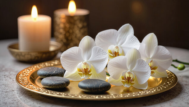 White orchids and spa stones with candles on gold tray