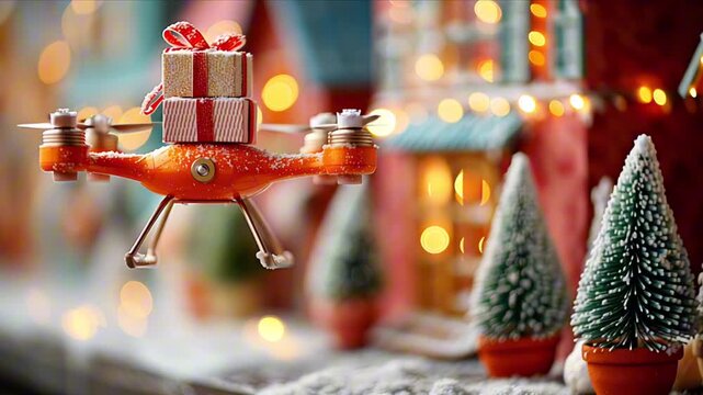 Holiday Drone Delivery: Gift Boxes Flying Amidst Festive Winter Scene