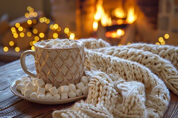 Cup of hot chocolate with marshmallows by cozy fireplace