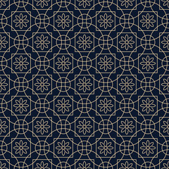 Small yellow flowers, squares, and circles isolated on a dark blue-purple background. Geometric monochrome seamless pattern. Simple flat vector graphic illustration. Texture.