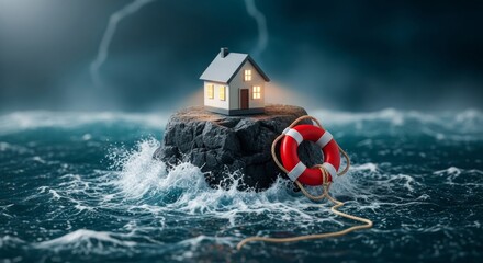 Property in crisis: house on rock with lifebuoy in stormy ocean
