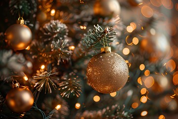 Golden Christmas ornament on decorated tree with warm lights