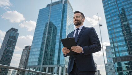 Fototapeta premium Smiling businessman with tablet in front of city skyscrapers