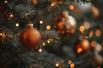 Golden Christmas ornament on decorated tree with warm lights