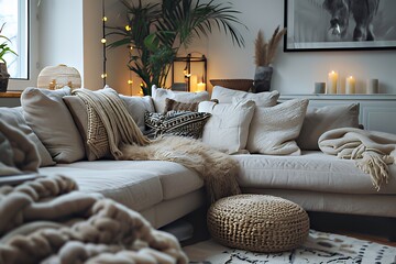 Cozy living room with Scandinavian decor and warm lighting