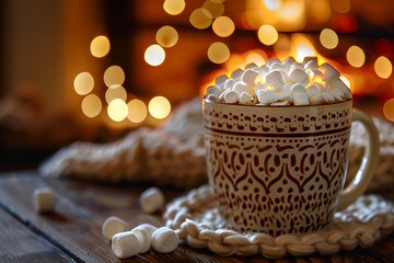 Cup of hot chocolate with marshmallows by cozy fireplace