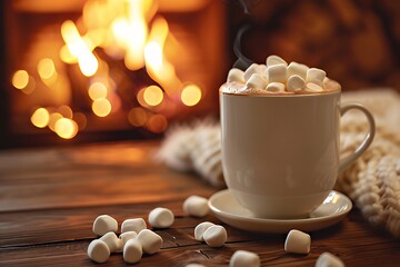 Cup of hot chocolate with marshmallows by cozy fireplace