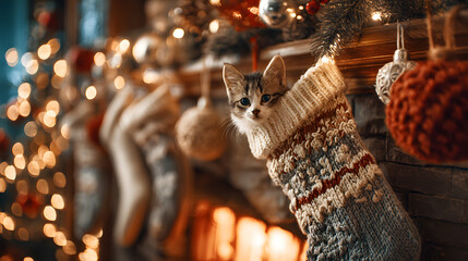 Cat peeking from cozy Christmas stocking