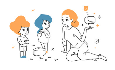 Vector illustration of a mother comforting her children after a broken toy, showing family protection and care, symbolizing insurance and security in a cartoon design