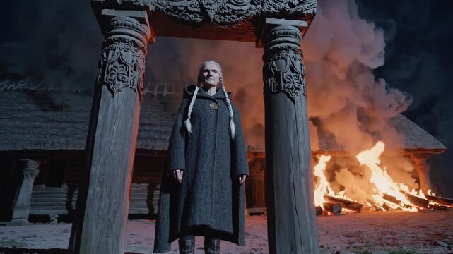 Woman stands before burning village at night. Viking warrior in cloak faces fire and smoke. Carved wooden portal frames lone figure. Ruin and blaze engulf traditional building. Powerful ritual