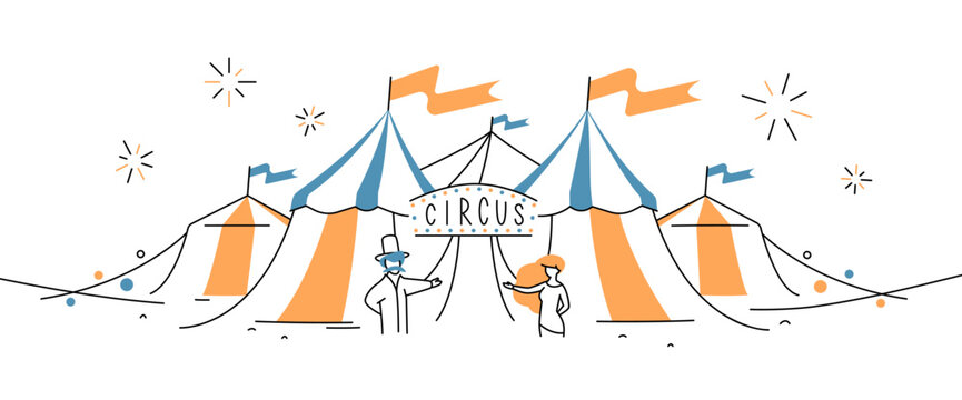 Vector illustration of a circus entrance with a man and woman inviting visitors inside, colorful tents in the background, simple cartoon design