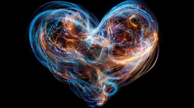 Abstract glowing data threads forming a heart shape symbolizing human emotion in AI communication, minimalist futuristic concept