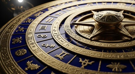 Intricate golden astrological zodiac dial with star motif and celestial symbols