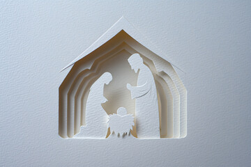 Minimalist Christmas Nativity scene crafted with beautiful multi-layered white paper cutting technique.