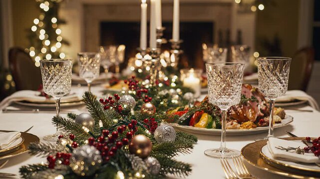 Elegant Christmas dinner table set with food and decorations  
