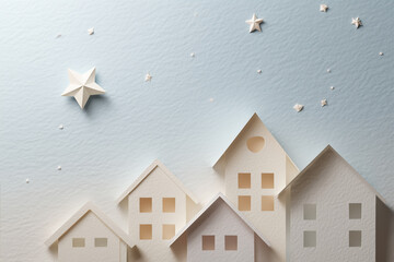Whimsical Paper Craft Village Under a Peaceful Blue Sky with Scattered Origami Stars