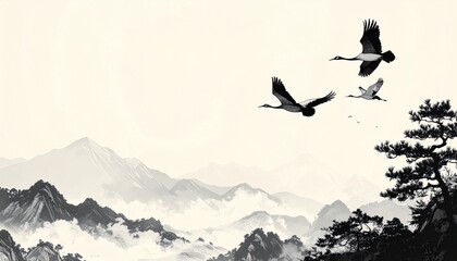 Fototapeta premium Elegant Cranes Flying Over Misty Mountains in Traditional Japanese Style