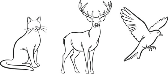Cat Bird and Deer Line Art Vector