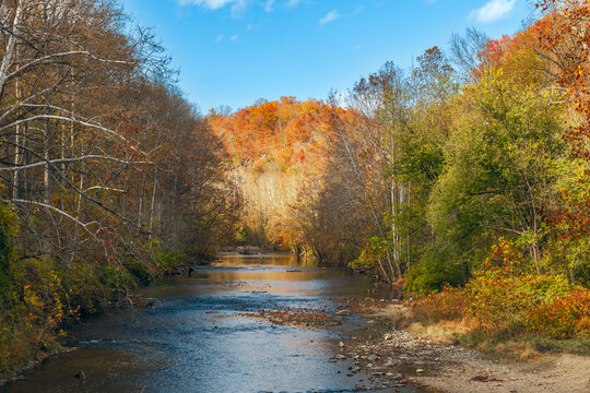 Patapsco River during fall foliage season. Patapsco Valley State Park. Autumn. Ellicott city