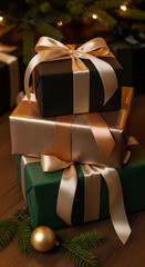 Elegant stack of Christmas gifts in luxury black, gold, and green paper, tied with champagne satin ribbons. A festive and sophisticated holiday scene with presents under a glowing Christmas tree.