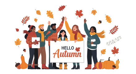 Naklejka premium Diverse group of friends celebrating autumn with pumpkins and falling leaves holding a hello autumn sign