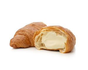 Croissant with vanilla cream on white isolated background, falling