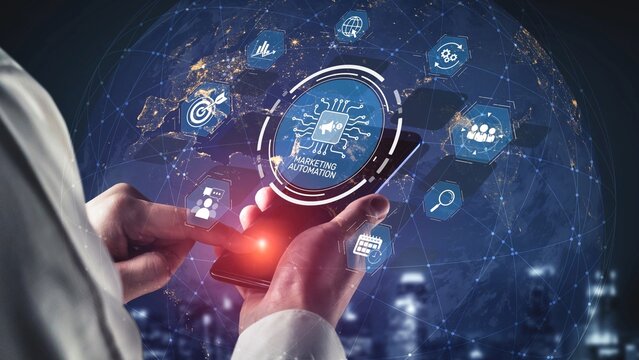 Marketing automation diagram showcase AI-driven campaign workflow, highlight marketing automation, data-driven strategy, marketing automation tools, and market automation process in business. Muxer - Powered by Adobe