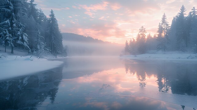 Frozen lake surrounded by snow-covered pine forest at sunrise - Powered by Adobe
