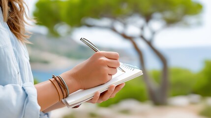 Woman writing in a journal notebook outdoors. Close-up of female hands taking notes in nature. Creativity and inspiration concept