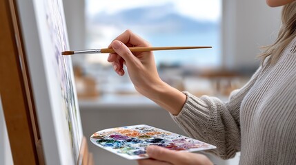 Female artist painting with a brush on a canvas in a studio. Close-up of a woman's hand holding a palette with watercolor paints. Creative hobby and artistic process