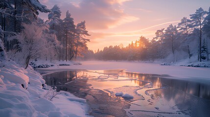 Frozen lake surrounded by snow-covered pine forest at sunrise