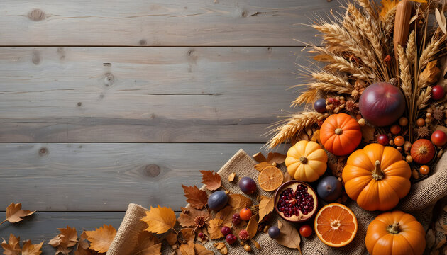 Autumn Fruit Corner Border with Apples, Grapes, and Walnuts on Bright Wood