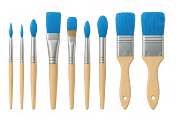 Artist paint brushes set displaying various sizes and shapes with blue bristles for creative work on transparent background