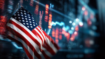 Flag and finance: depicting us economic recession in a single frame. Adventure poster. Dramatic flutter of us flag against falling market: economic struggles. Poster design. Cinema artwork.