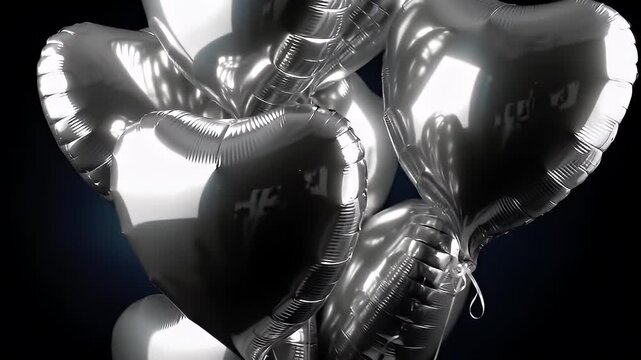 Floating silver heart shaped balloons against a dark gray gradient background